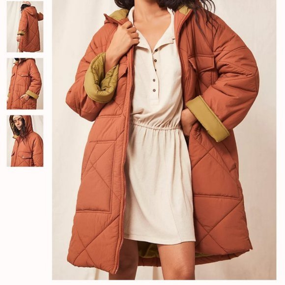 NWT Small Free People Kit Puffer Hooded Jacket Rust Olive Longline Quilted - Picture 4 of 4